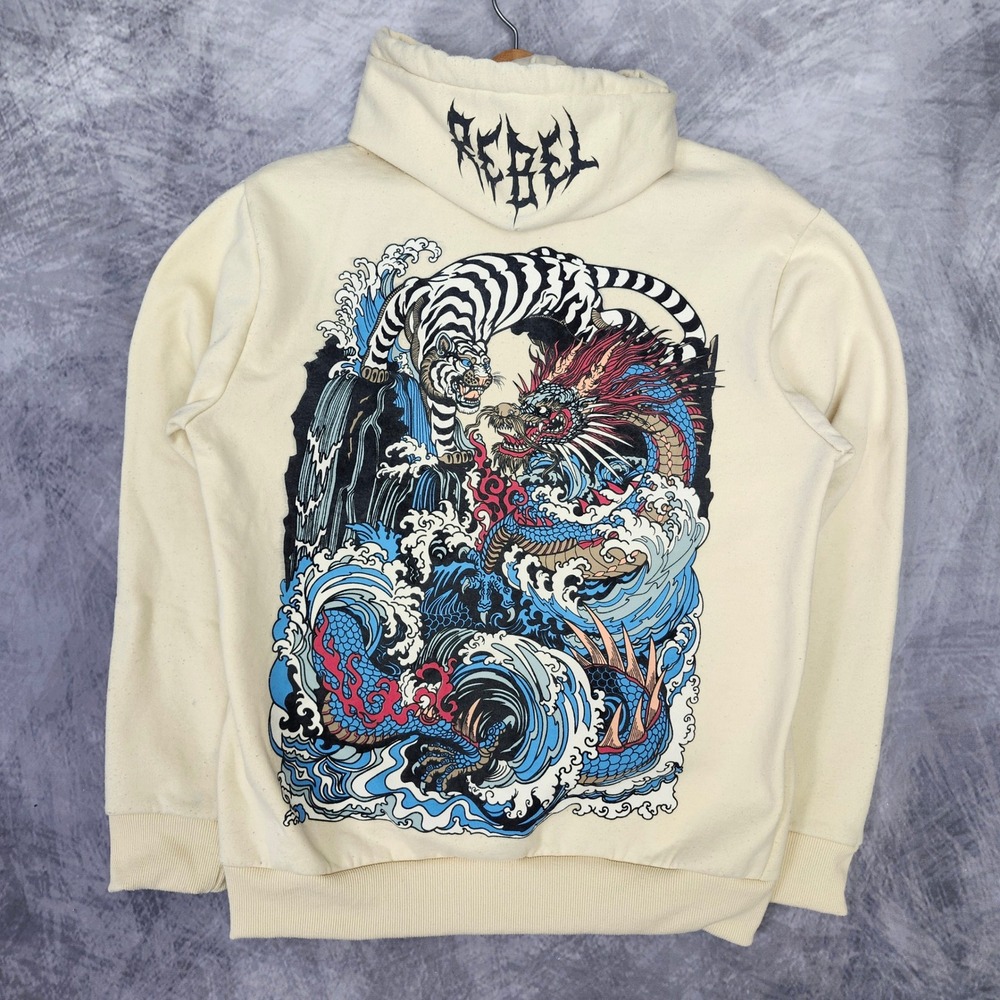 Rebel Vengeance Dragon Tiger Japanese Streetwear Hoodie Cream Velvet Graphic L
